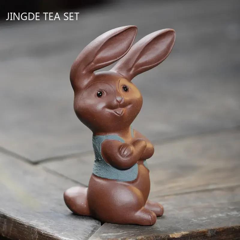 Yixing Purple Clay Tea Pet Rabbit Ornaments Handmade Mud Painted Animal Sculpture Tea Set Decoration Desktop Decore Crafts