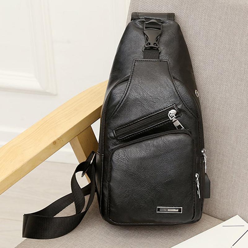 Vintage Men Fashion Shoulder Chest Bags USB Charging Leather Messenger Travel Packs Wallet