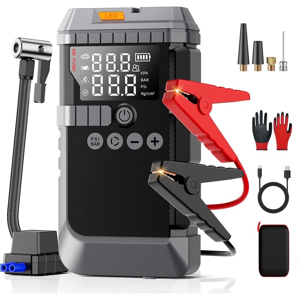 Portable 12V Jump Starter with Air Compressor, 160PSI Tire Inflator, LED Display, and Jumper Cables for Gas & 12L Engines