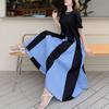 Casual Contrasting Colors Long Dress Summer Fashion Plaid Patchwork Women's Clothing Loose O-Neck Oversized Short Sleeve Dresses