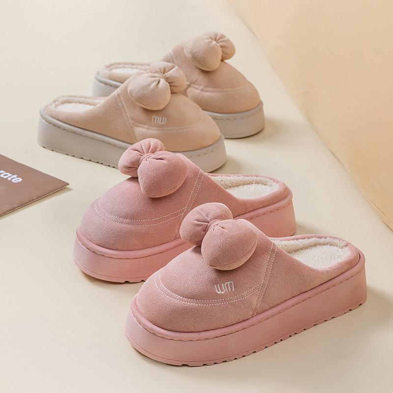 Bow cotton slippers autumn and winter home indoor thickened bottom warm and comfortable plush cotton mop non-slip