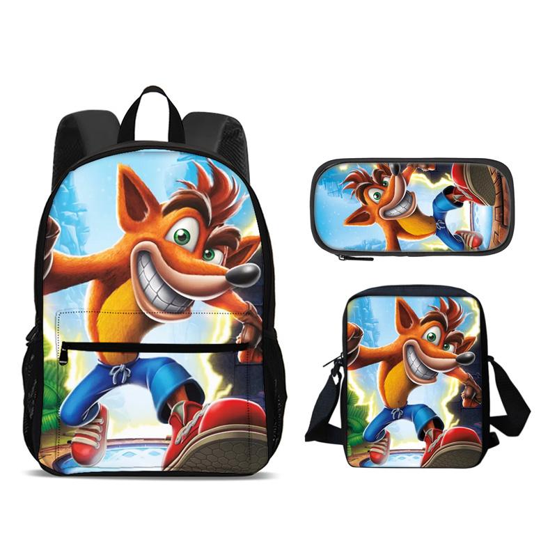 Crash Bandicoot backpack, pencil case, shoulder bag, 3Pcs Set, cartoon print, best school outdoor travel companion for students