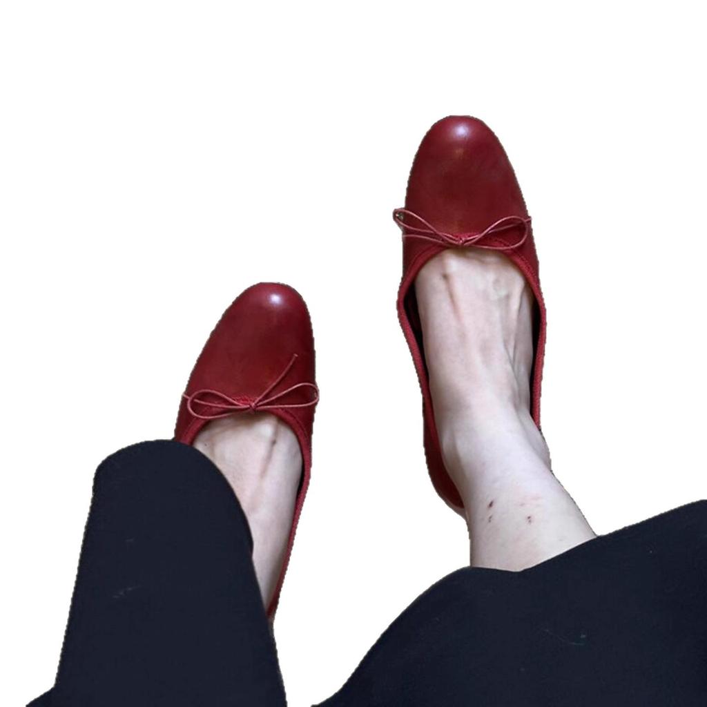 Sheepskin version~ retro thick heel women's commuting temperament niche design round head bow design light mouth women's single shoes