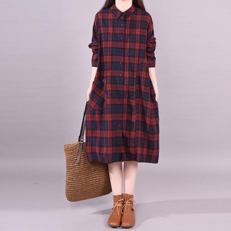 

9838# Plaid Plus Size Long Sleeve Shirt Dress - Korean Style for Spring & Autumn with Pocket M