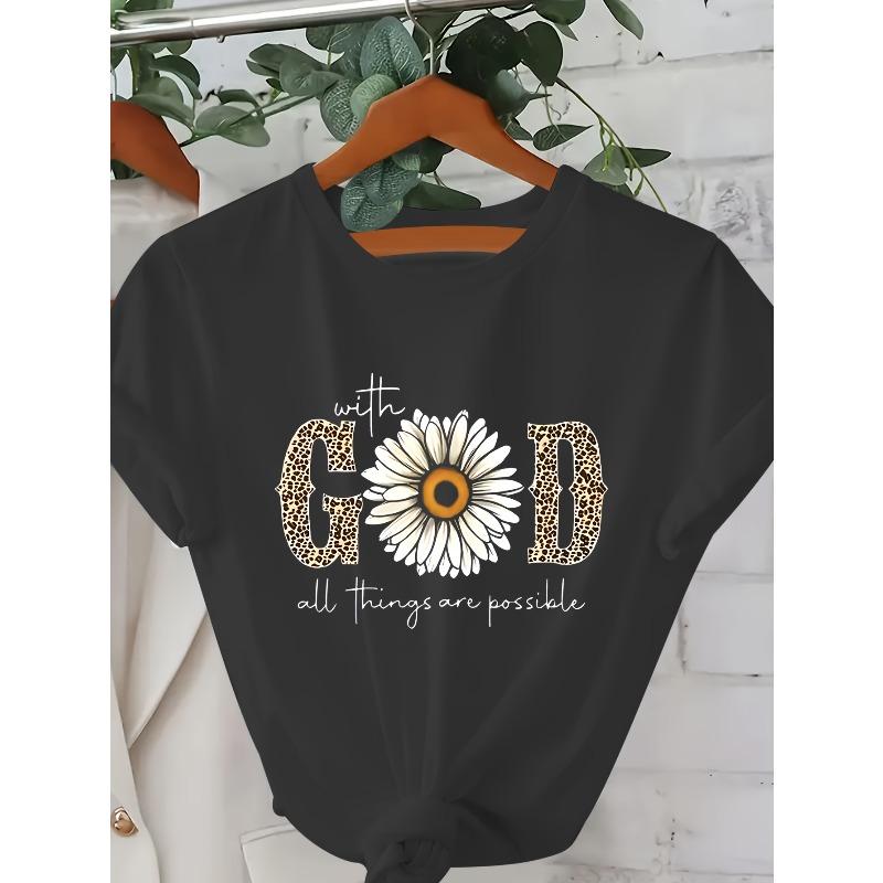 European Size Women'S Short Sleeve - "with GOD All Things Are Possible" Golden Lettering & Leopard Print Design, Round Neck Casual Top