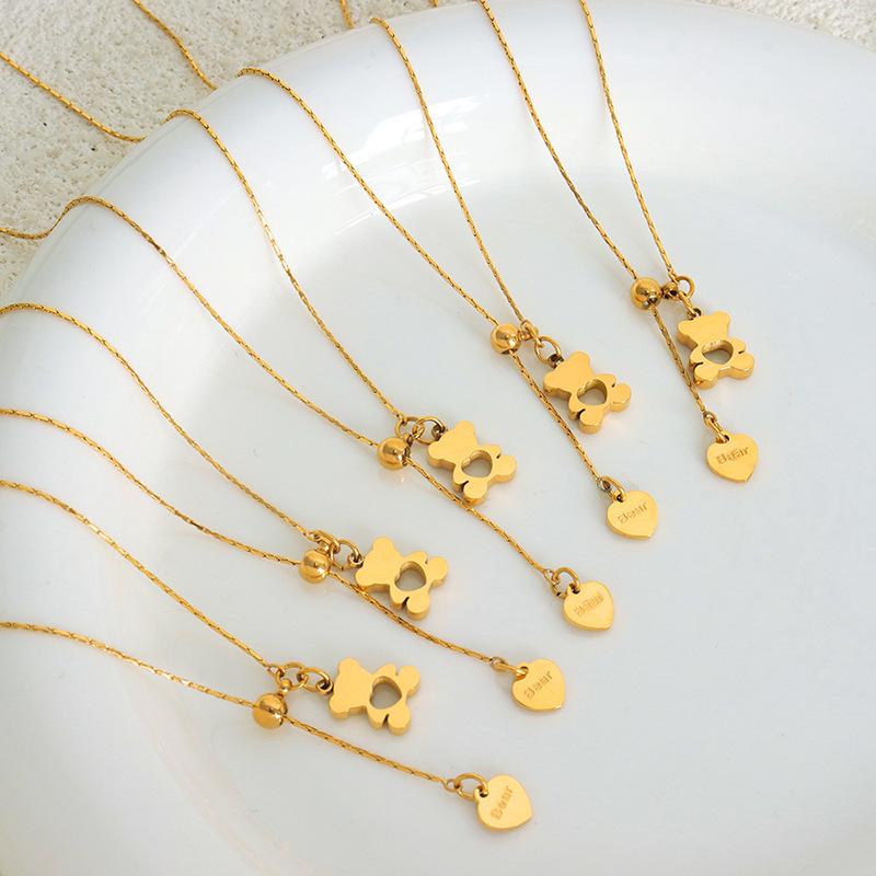 Adjustable Titanium Steel Heart-Shaped Necklace with Bear Pendant: European & American Retro Style