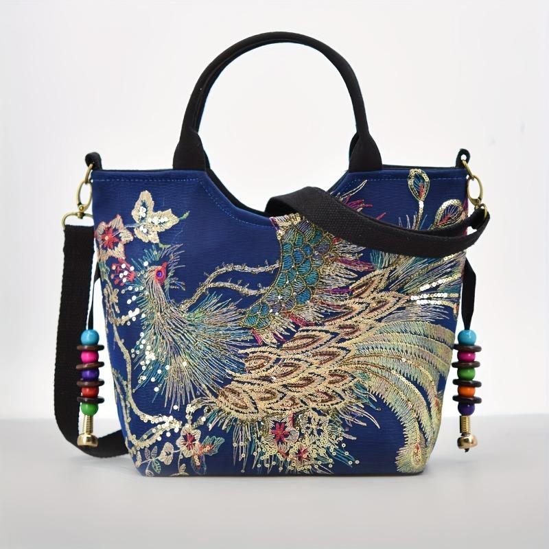 Bag Embroidery Large Capacity Shoulder Strap Messenger Bag, Retro Canvas Embroidery Shoulder Handbag Handbag