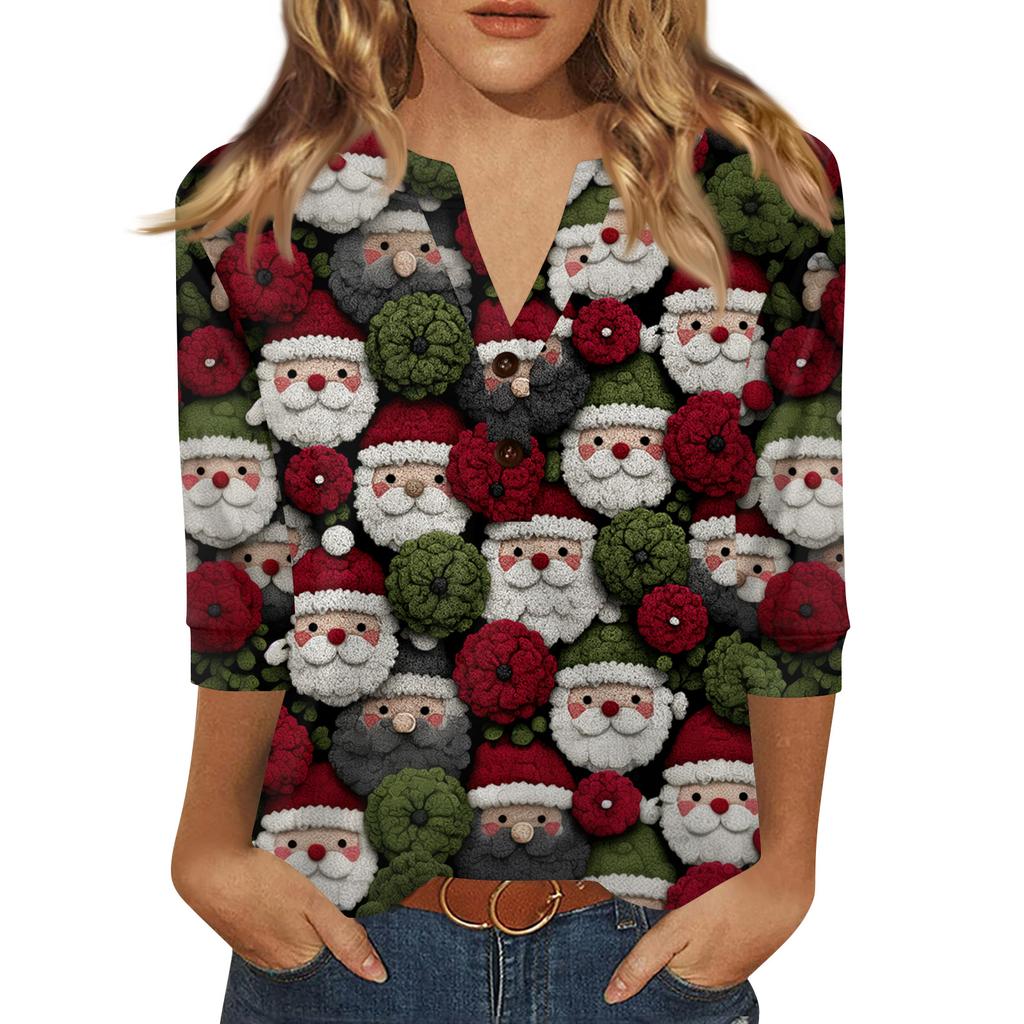 Women's T Shirt Print Button 3/4 Sleeve Daily Weekend Fashion Basic V- Neck Regular Top