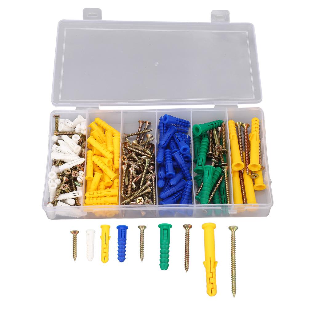 232 Stück Selbstschneidende Schraube Flachkreuzkopf Kohlenstoffstahl 5 Typen Befestigungselement-Set-Kit mit Kunststoffdübel