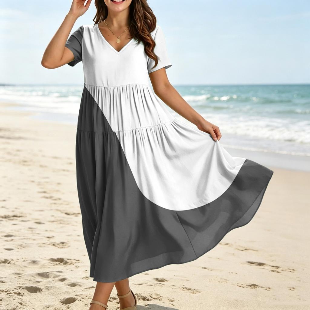 Women's Casual Loose Fit Bohemian Style Gradient Print Short Sleeve V Neck Midi Dress with Elastic Waist and Flowing Skirt for Everyday Wear