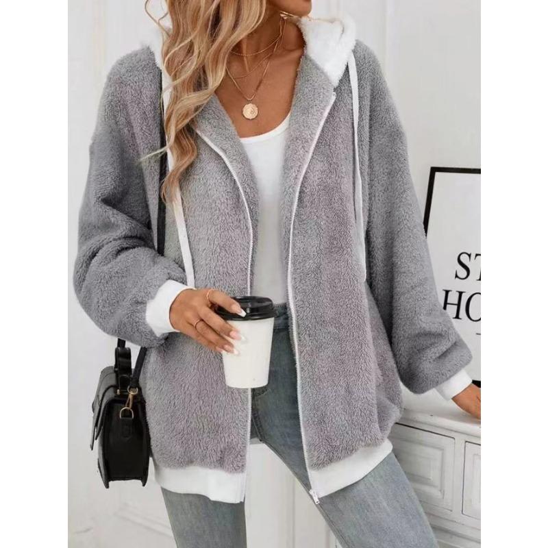 Women S Loose Plush Zip Up Hooded Coat For Autumn Winter