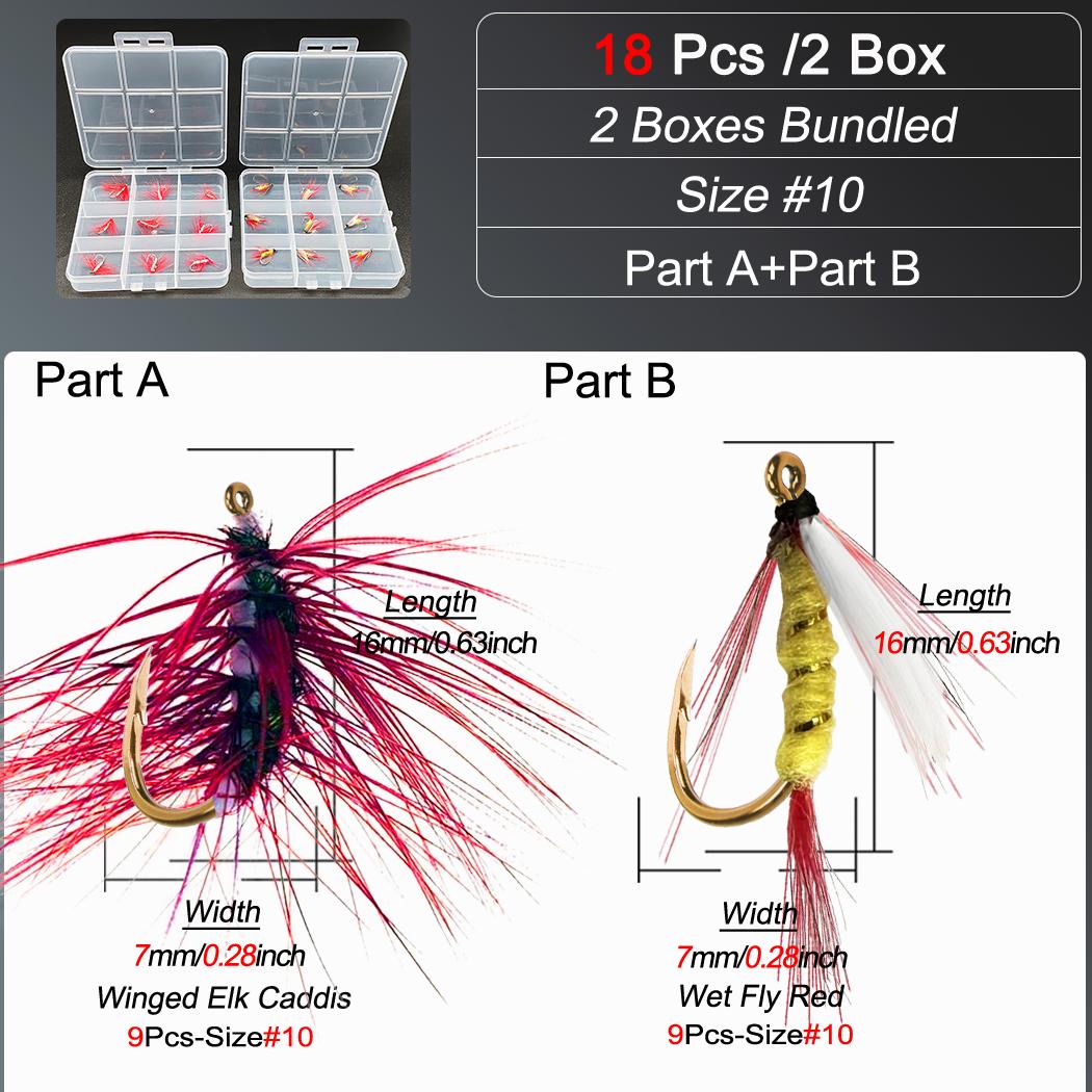 Fly Fishing Flies 18Pcs-2 Boxs Bundle 2 different styles Wet Flies Bait for catching fish like Trout/Bass etc in fresh water 18Pcs-2 Boxs Bundle