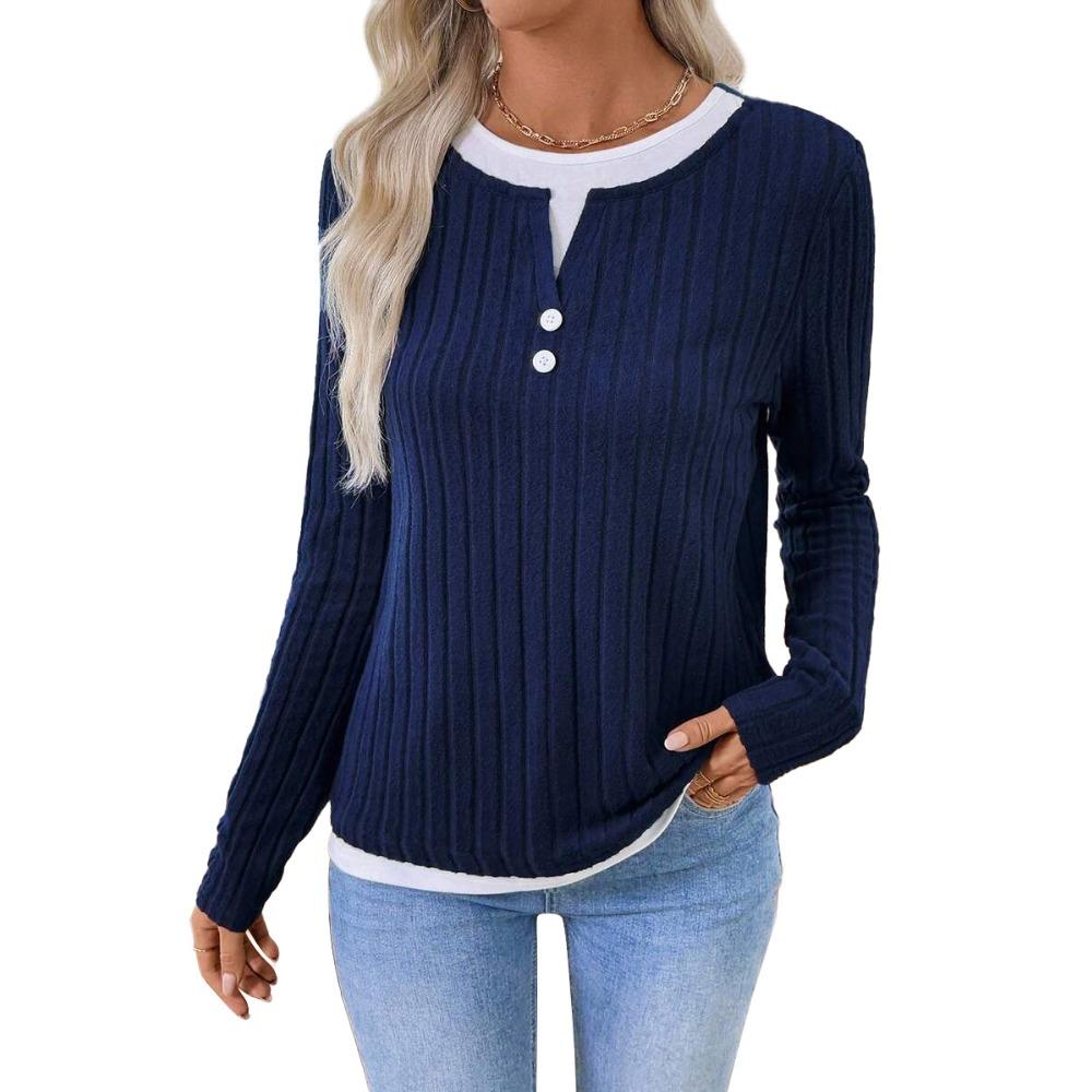 Women's Crew Neck Long Sleeve Regular Fit Casual Ribbed Knit Top Blouse for Daily Wear