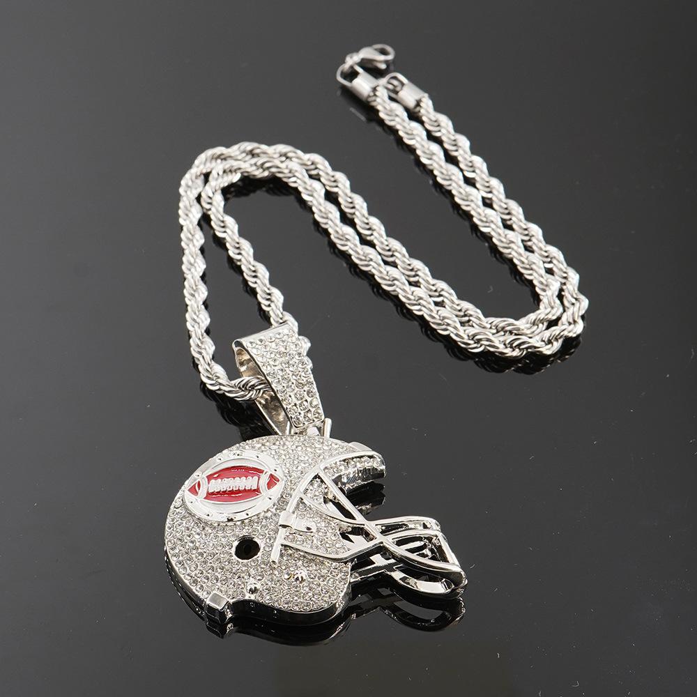 New hip-hop full diamond trend bouncing football helmet pendant with 5mm twist chain necklace
