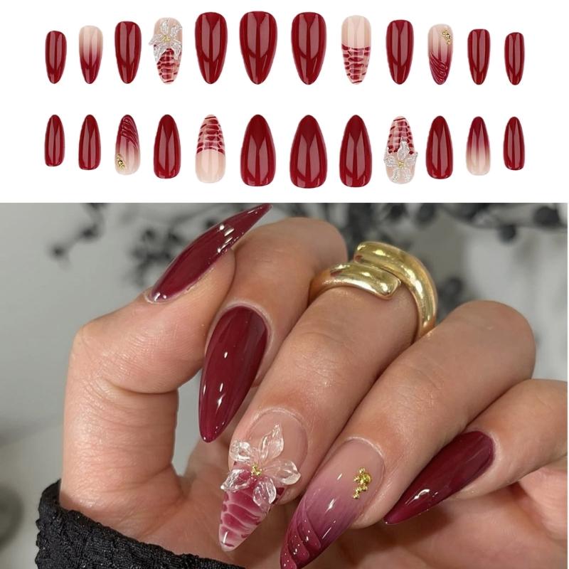 Christmas Wine Red False Nail For Formal Event Sculpted 3D Flower Comfortable Almond Shape Artificial Nail