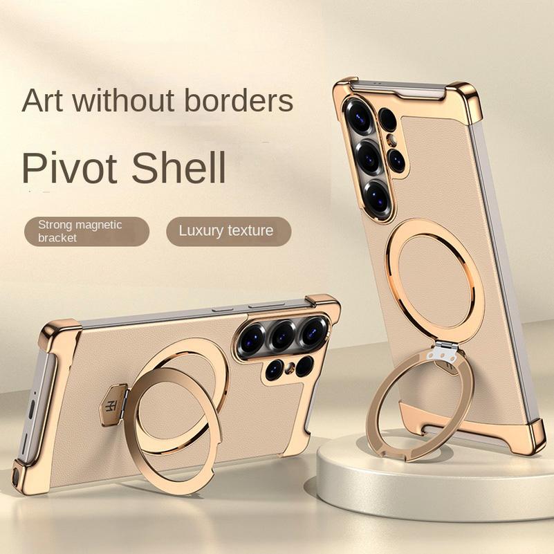 Bezelless Plating Plain Skin Metal Rotating Magnetic Ring Holder Case For Samsung S25 Ultra Galaxy S24 Ultra Protect Cover