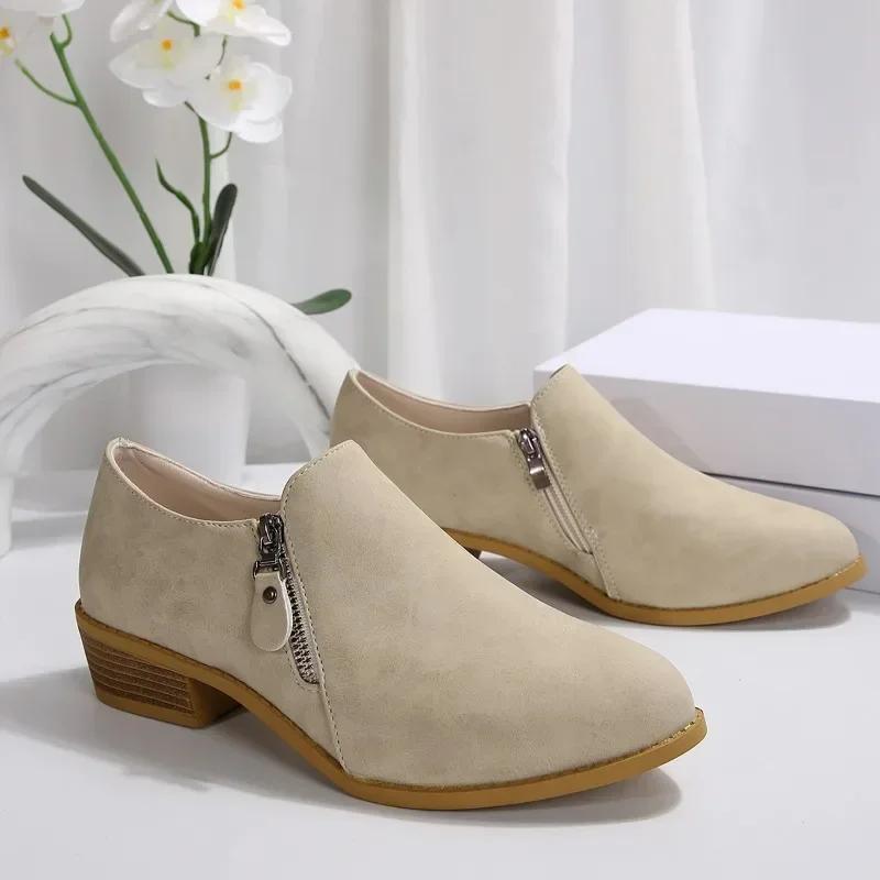 Fashion 2024 Fashionwomens Shoes Zipper Design Springandautumnnew Style Pointed Toe Solid Color Mid-heel Casual Large Size Women's Shoes