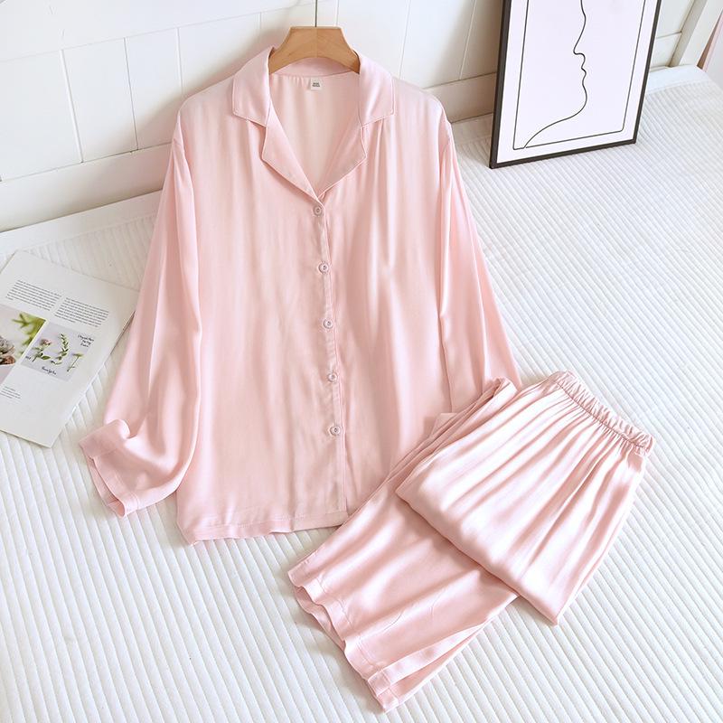 Premium Cotton Silk Satin Couple Pajamas: Women's Spring/Summer Set and Men's Long Sleeve Pants Set