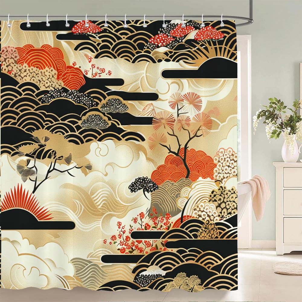 Japanese Style Flowers Bird Shower Curtain Abstract Mountain Red Floral Plant Ink Art Landscape Fabric Decor Bathroom Curtains