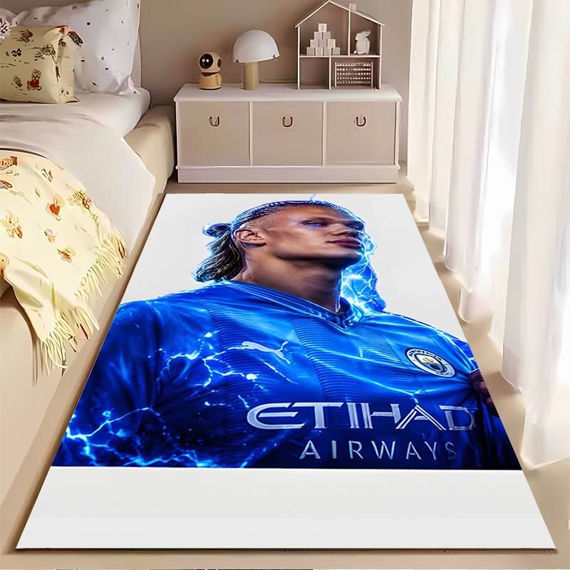 Sports Area Rug, Erling Haaland Manchester City Blue Lightning Etihad Poster, Fan Cave Decor, Non-Slip Mat