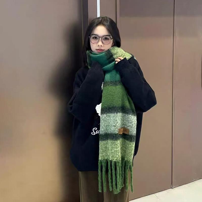 Autumn And Winter  Thickened Mohair Scarf For Women All-Match High-End Tassel Maillard Plaid Warm Neck Scarf