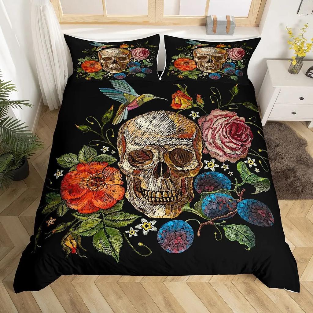 Sugar Skull Comforter Cover Set Teen Girl Bedding Set,Sugar Skull Decor Bedding Skull Roses Floral Print Duvet Cover Set