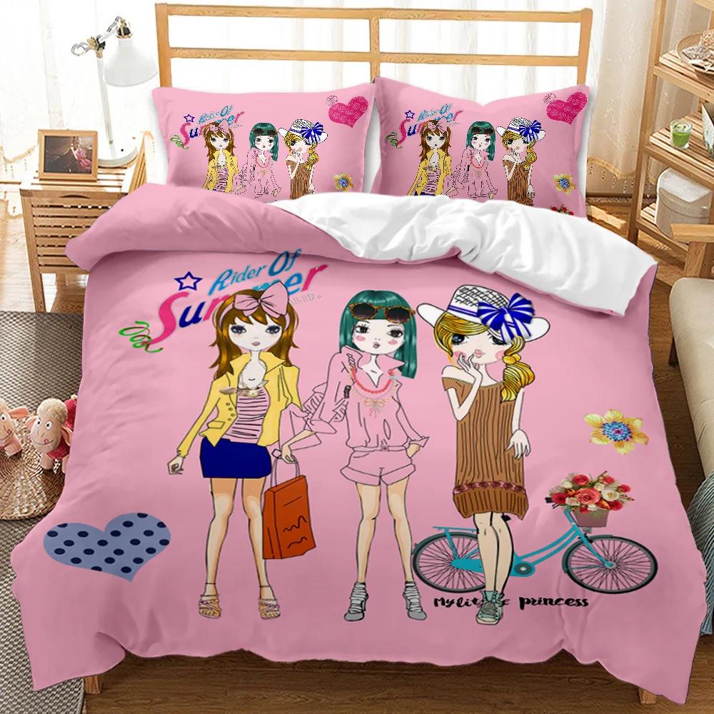Cartoon Bedding Set For Girl Women Adults Child Winter Duvet Cover Sets Cute Print Princess Pink Young Girl Quilt Cover Single
