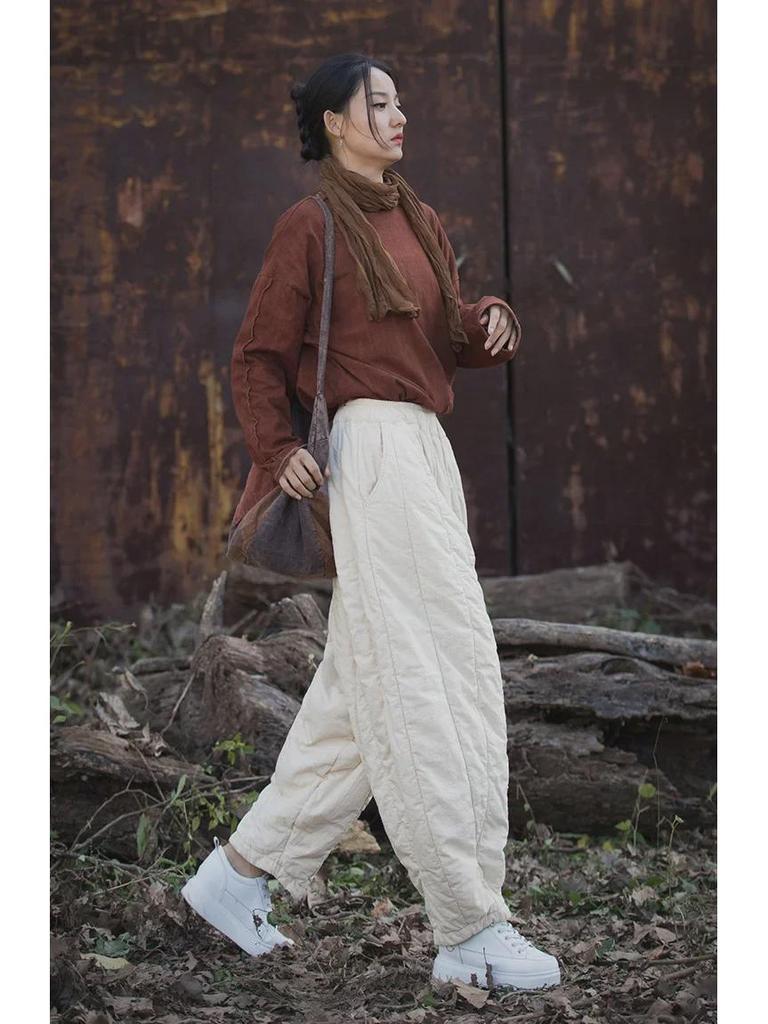 Women's Quilted Cotton-Linen Bloomers: Warm, Loose Carrot Pants for Autumn/Winter