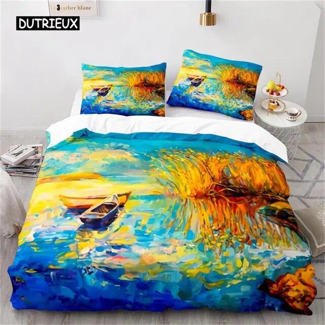 Oil Painting Duvet Cover  Art  Microfiber Landscape Romantic Comforter Cover Bedding for Kids Teen Adults Bedrooms  Decorated Three Piece Set
