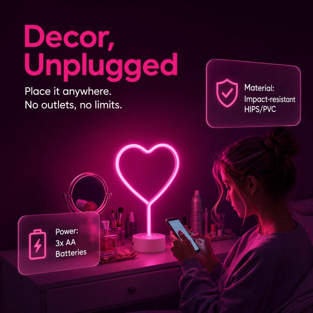 Heart Shaped Neon Desk Lamp USB or Battery Operated LED Neon Sign Decorative LED Neon Light  Women