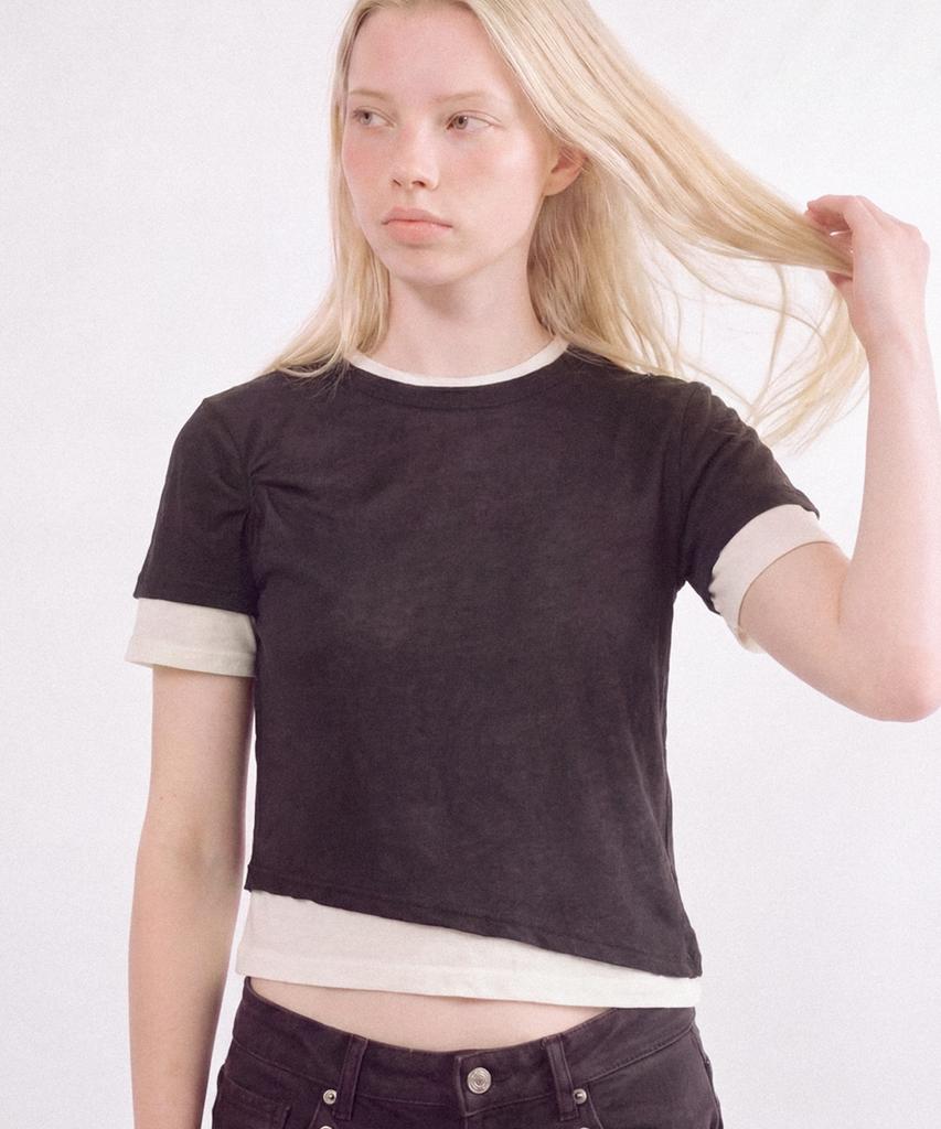 DOUBLE SEEN Layered Crop Short Sleeve Tee_ Charcoal