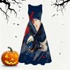 Damen Übergröße Rundhals Ärmellos Adler Print Beige Marine Krawatte Taille A-Linie Langes Kleid