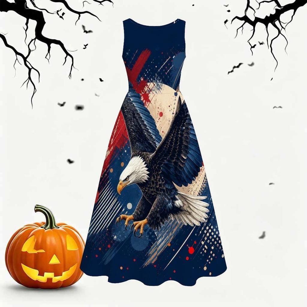 Damen Übergröße Rundhals Ärmellos Adler Print Beige Marine Krawatte Taille A-Linie Langes Kleid