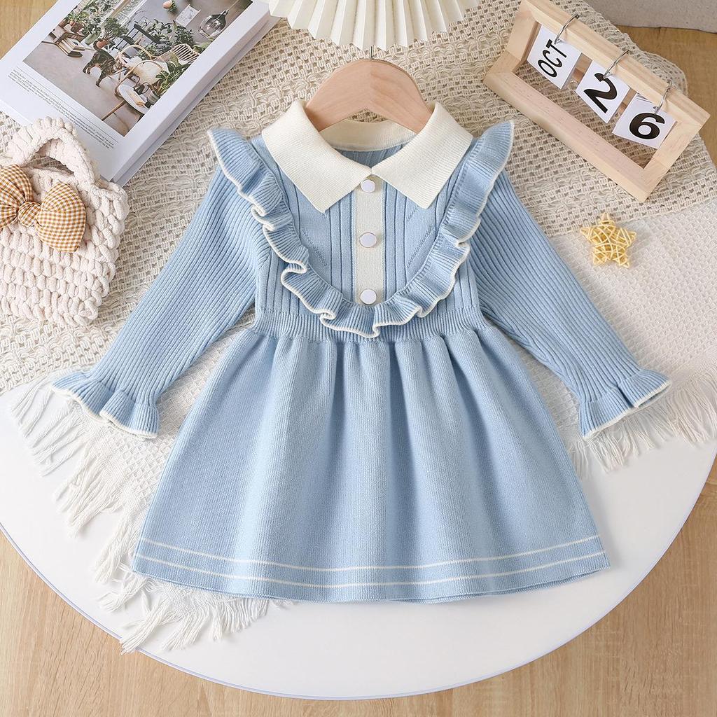 Children's Long Sleeve Knitted Princess Dress with Turn-Down Collar for Spring and Autumn