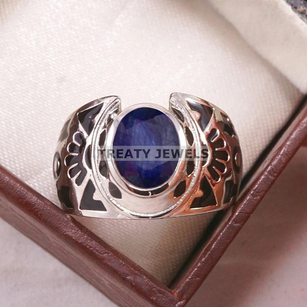 Blue Sapphire Oval Cut Gemstone With 925 Sterling Silver Ring For Men's #B606 JL375686496600