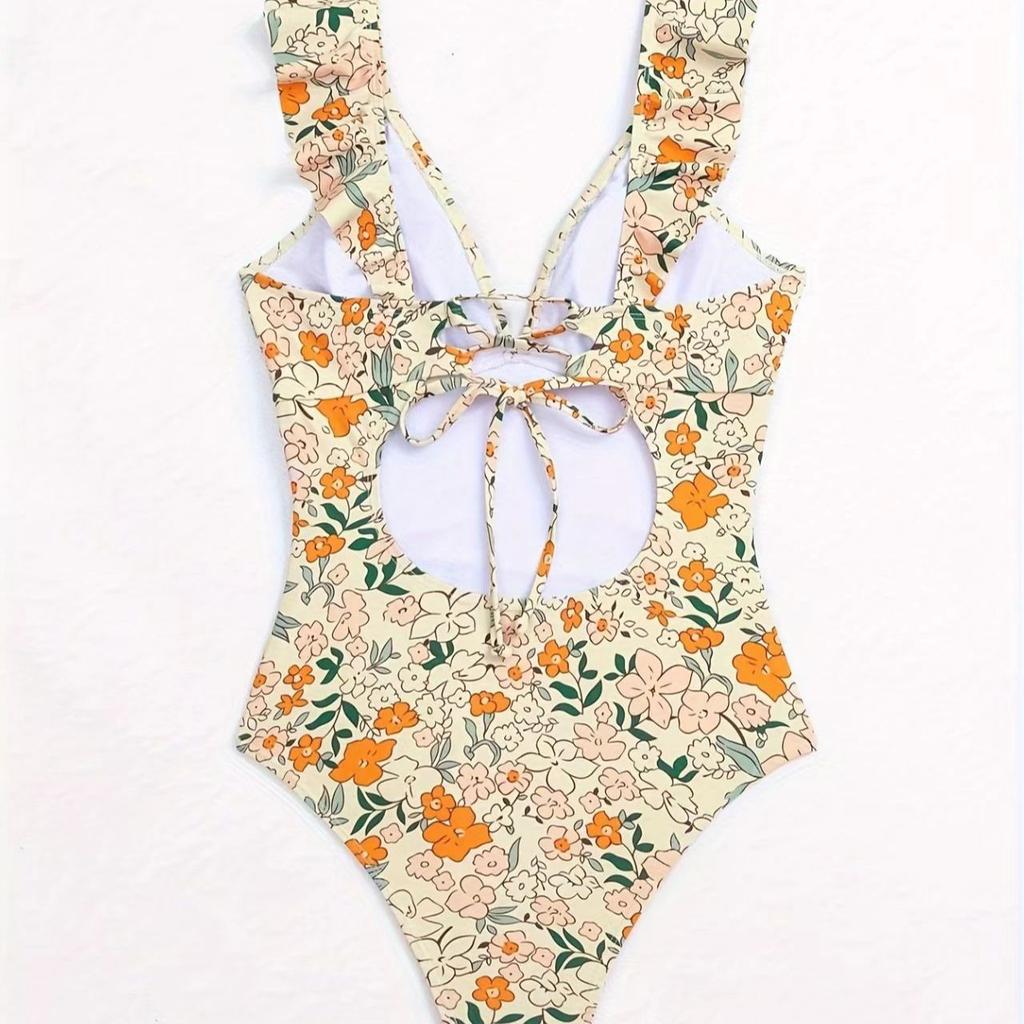 European and American Popular Women's One-piece Swimsuit V-neck Swimsuit with Ruffle Edge Strap Swimsuit