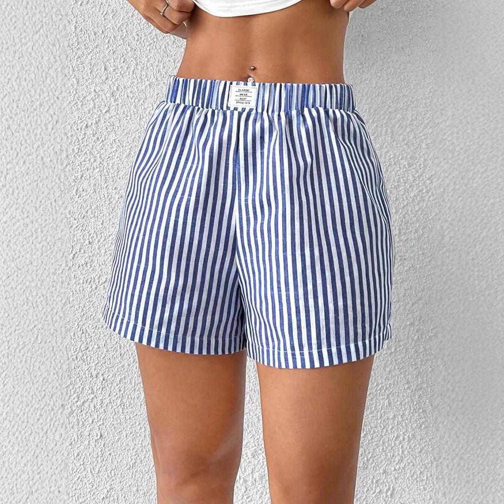 Women's Elastic Waist Striped Shorts Loose Fit Refreshing Casual Short Pant Non-Stretch Woven Summer Lounge Beach Bottom