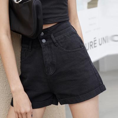 Klasik ve Minimalist Moda Çok Yönlü Ultra Yüksek Bel Çift Düğmeli Kadın Kıvırık Kenarlı Yazlık Siyah İnce Denim Şort Bireysellik Trend