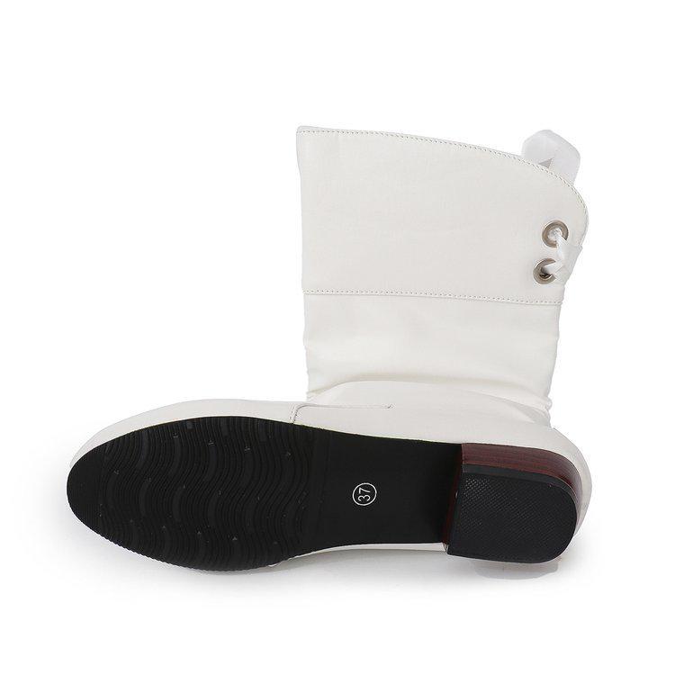 Damen Herbst/Winter Mid-Calf Stiefel mit niedrigem Absatz, Übergröße, Runde Zehenpartie, Schnürung hinten, Warmer Ritterstil