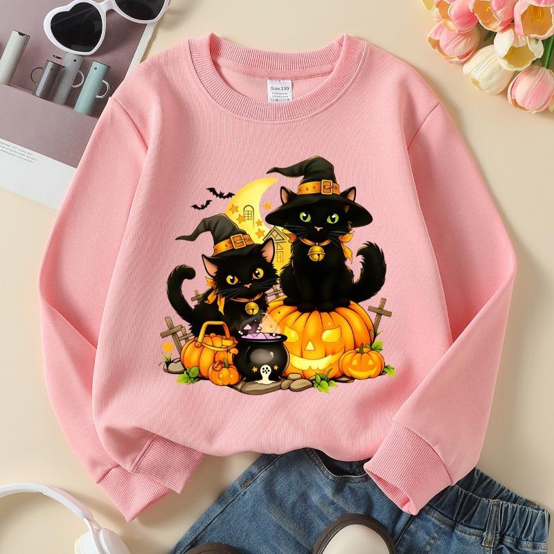 Kids Crewneck Sweatshirt, Halloween Witch Cats Pumpkin Print, Soft Casual Pullover for Fall Winter