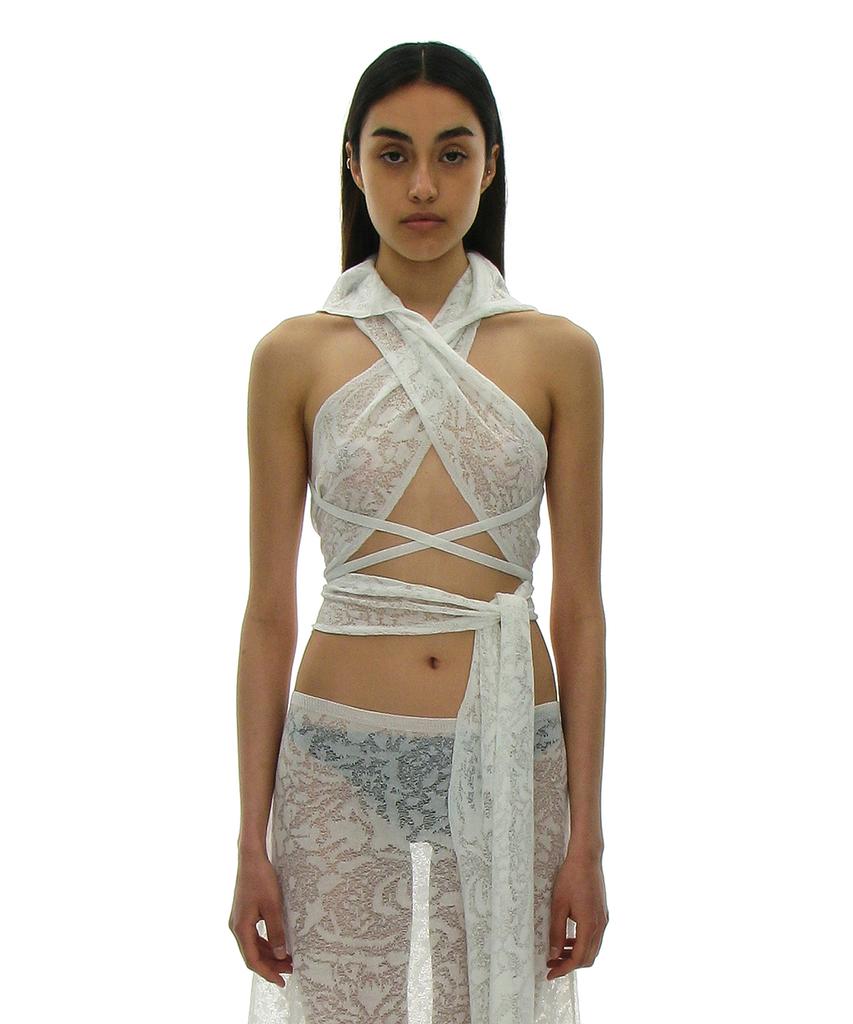 PARTIMENTO WOMEN Crochet Wrap Hooded Knit Top_White