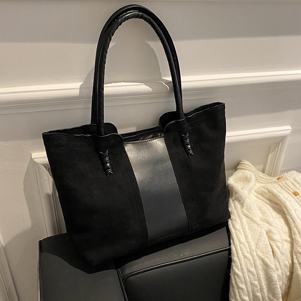 Wildleder Oberfläche Handtasche Für Damen, Koreanische Mode Freizeit Pendler Handtasche, Vintage Farbkollision Spleißung Tote Bag