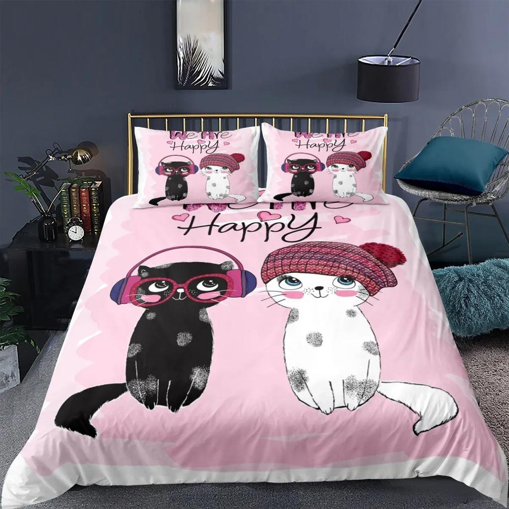 Cat Cartoon Cute Kitten Bedding Set Boys Girls Twin Queen Size Duvet Cover Pillowcase Bed Kids Adult Fashion Home Textileextile