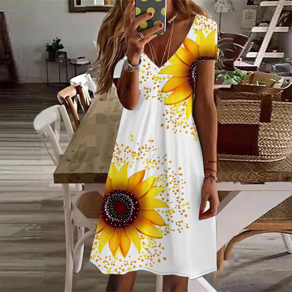 Letní móda Dámské šaty s výstřihem do V a krátkým rukávem s potiskem slunečnic Sexy krátké sukně Šaty
