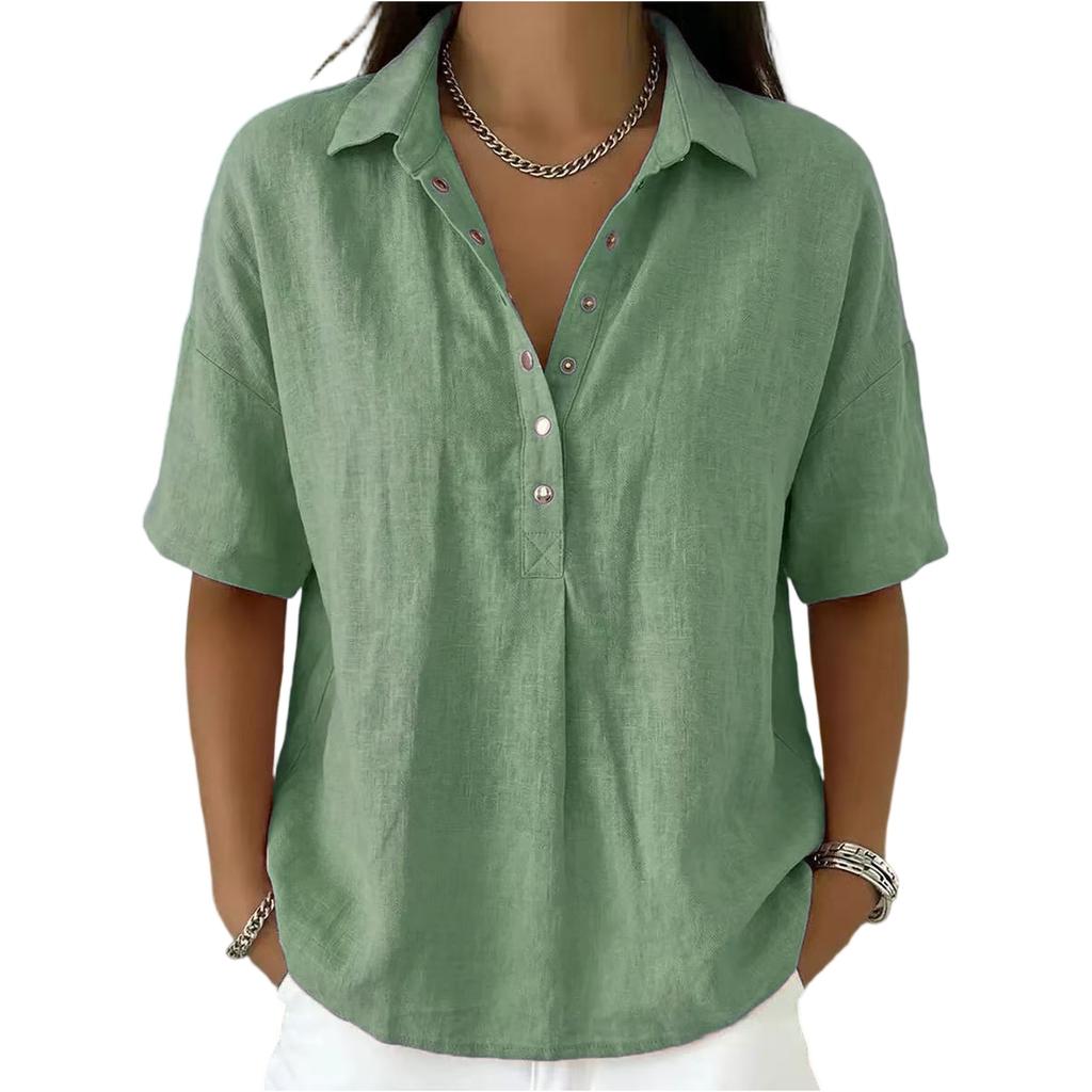 Women's Fashionable Loose-Fit Short-Sleeve Casual Shirt With Half-Zip