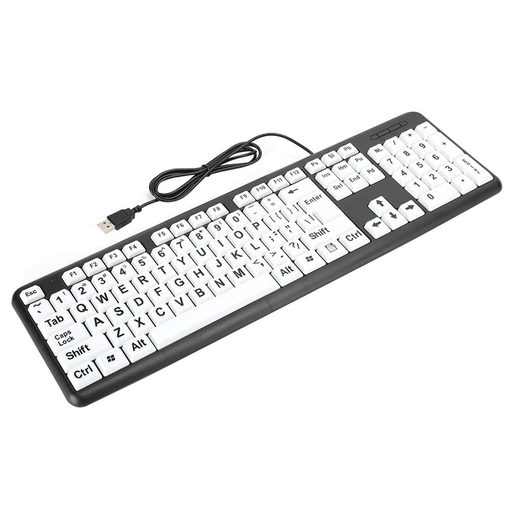 Black Low Vision Keyboard USB Wired Old People Keyboard with White Large Print Keys US Layout QWERTY