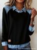 Abbigliamento donna europeo e americano ins colletto in denim maniche lunghe, maglione top a pullover con splicing in maglia