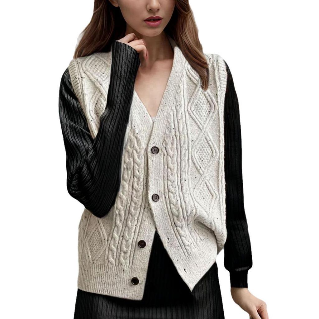 Women's Cross-border Knitted V-neck Diamond Button Cardigan Vest - Autumn/Winter Sleeveless Loose Sweater