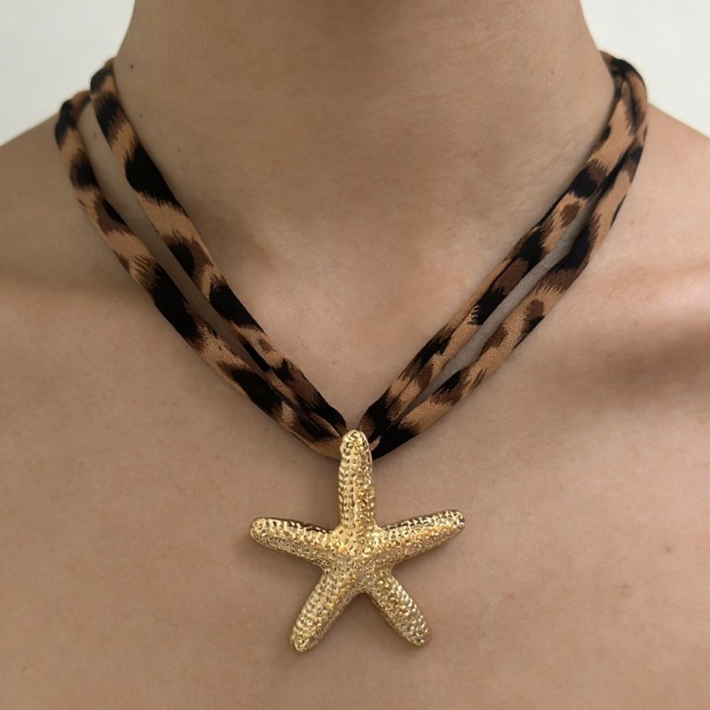 Exaggerated Starfish Pendant Necklace Charm Leopard Cloth Strip Necklace Leopard Choker Summer