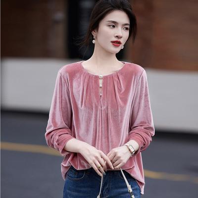 Songwu Rose Herbst Reifer Socialite-Stil Matt Samt Top Perle Puffärmel Damen T-Shirt